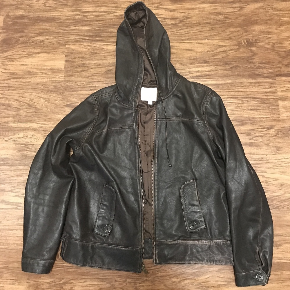Old Navy Brown Leather Hooded Bomber